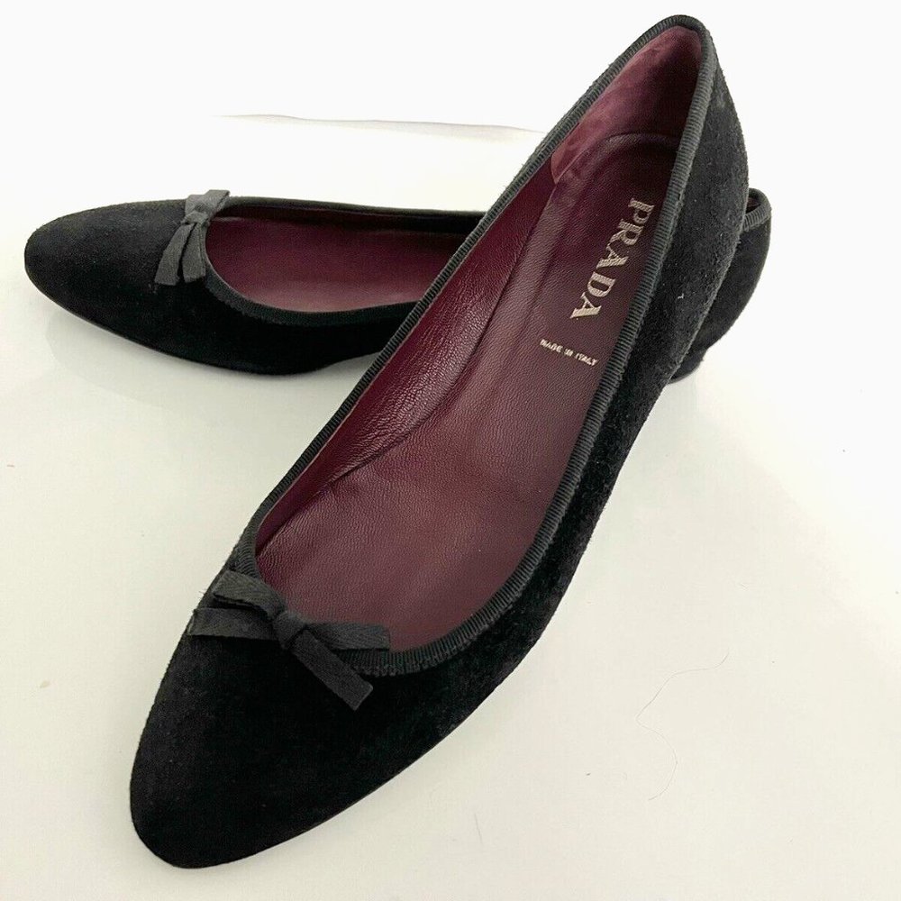 PRADA 6.5 37.5 Black Suede Ballet Flats Shoes